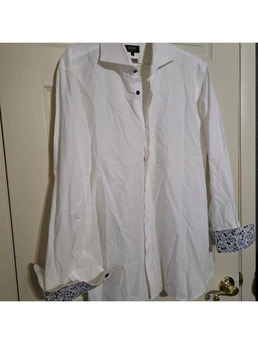 Oxford Slim Fit White Cotton Shirt with Blue Floral Cuff Detail XL